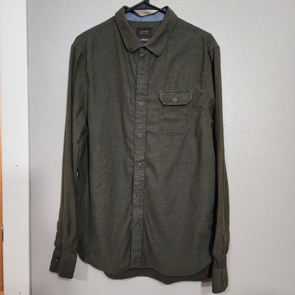 Jachs New York Men Large Olive Green Button Down Shirt Long Sleeve Pocket Cotton